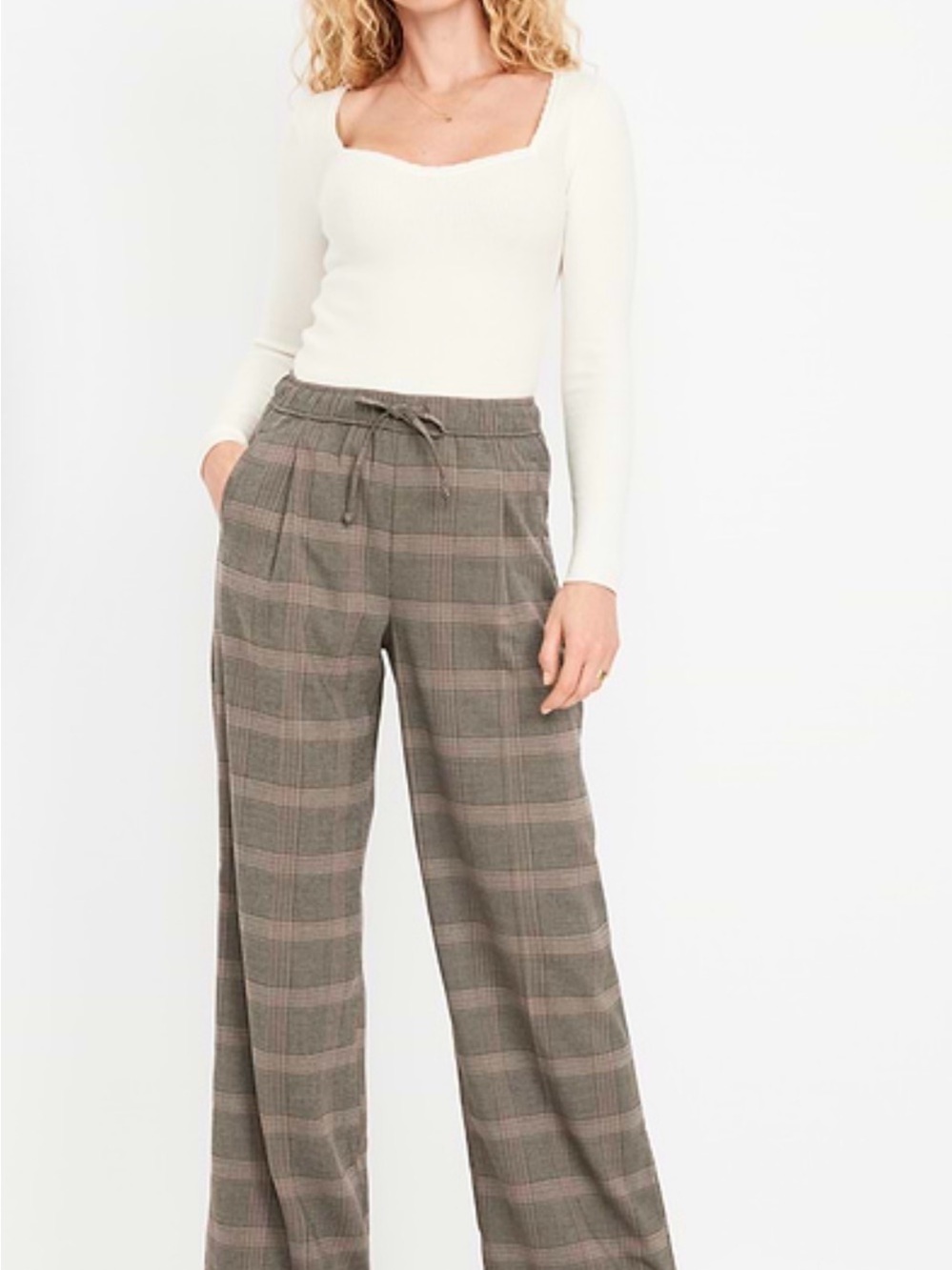 Old Navy Wide Leg Plaid Drawstring Pants - Cream & Brown- new never worn
